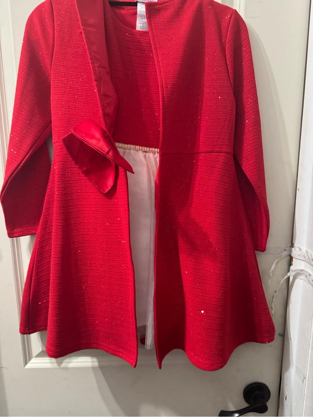 Red Girl’s Knit Swing Sweater Coat with Satin Bow